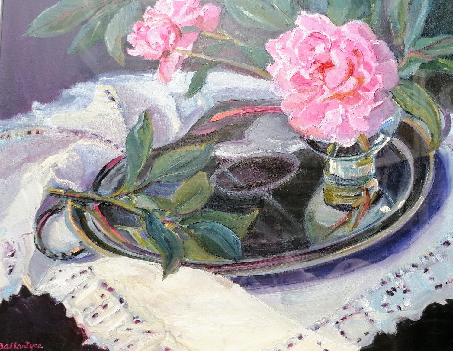 Margaret Ballantyne, (b. 1936, Scottish) SILVER AND PINK, oil on canvas, glass fronted, 60 x 52