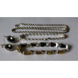 A rope-twist silver necklace, 50 cm, two silver bracelets, one gem-set, all hallmarked and a pair of