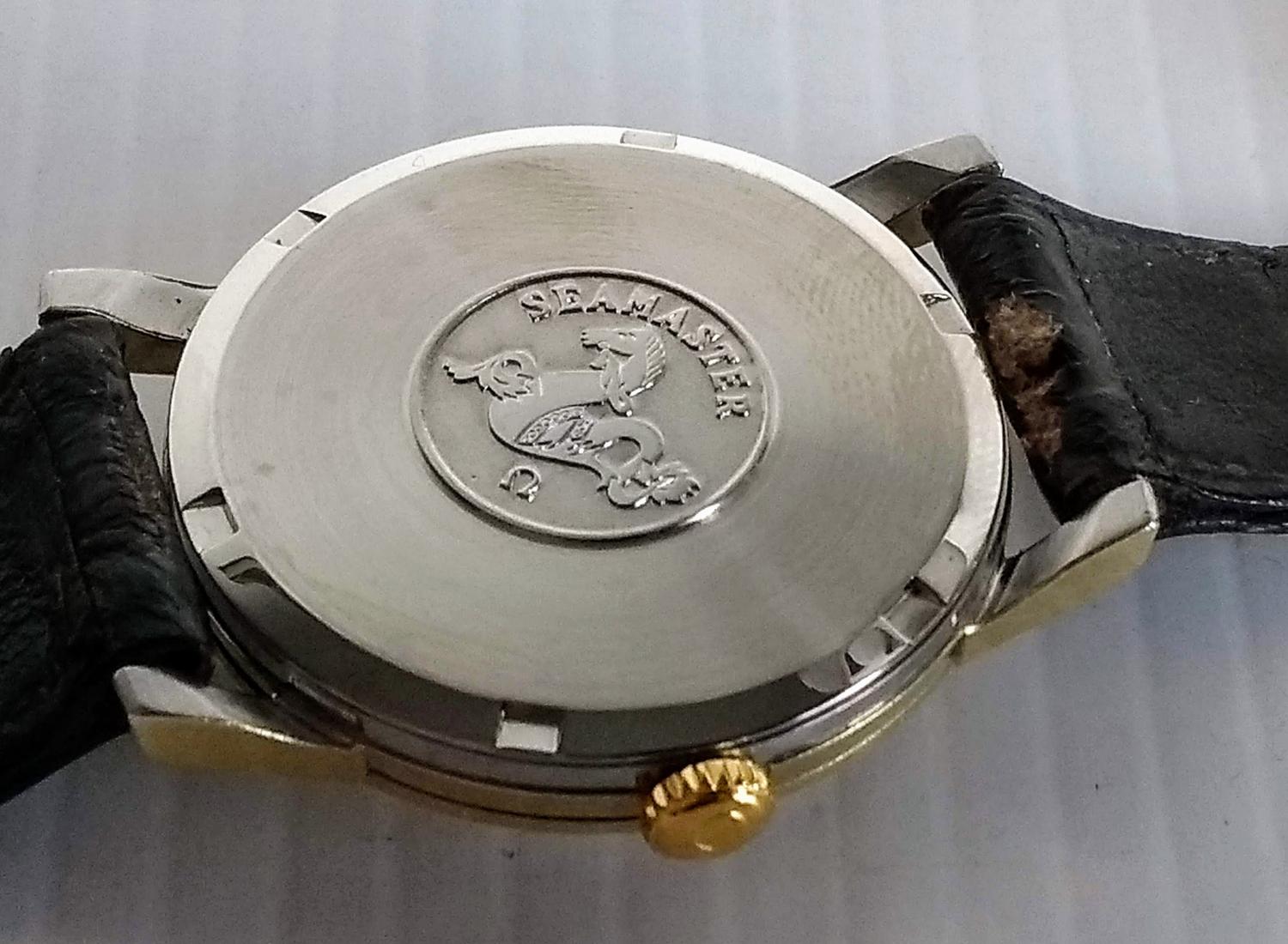 A gents Omega gold plated and steel-cased Seamaster wristwatch, signed champagne dial, 32mm, baton - Image 5 of 7