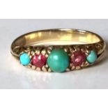 An 18ct yellow gold ruby and turquoise half-hoop ring, set with three cabochon turquoise,