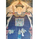 A Qing dynasty Chinese batik ancestral or immortal portrait set on a paper scroll, (208 x 93 cm