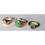 Three 9ct yellow gold gem-set rings, sizes N-P, hallmarked, 8.5g