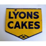 A Lyons Cakes enamel shop sign in blue and yellow enamel, 44.5cm x 38.5cm