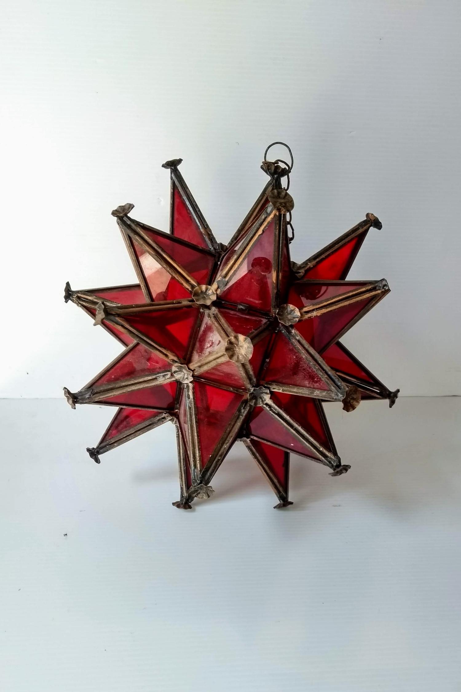 A vintage Moravian star pendant light shade with ruby glass panels, 30 cm diameter and a Moorish - Image 3 of 5