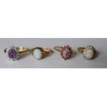 An assortment of four gem-set rings in yellow gold settings, sizes S-X, all hallmarked, 12.6g (4)