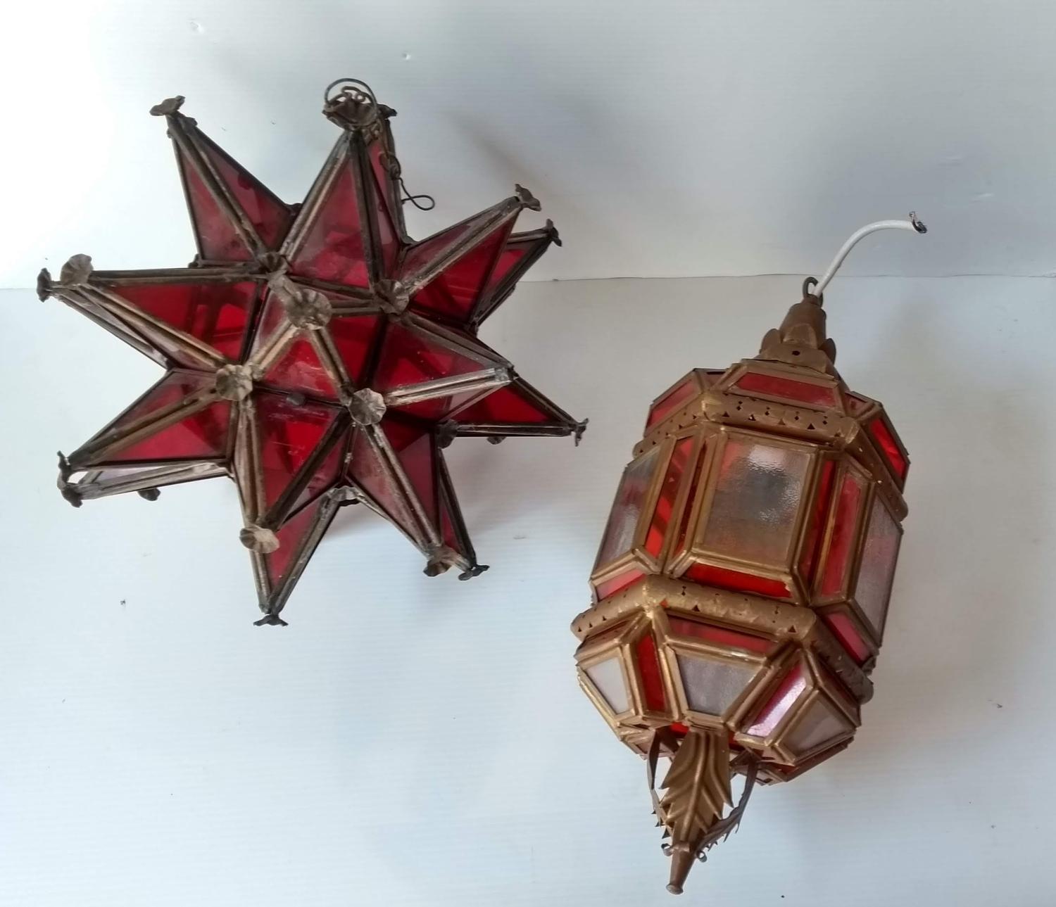 A vintage Moravian star pendant light shade with ruby glass panels, 30 cm diameter and a Moorish