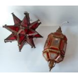 A vintage Moravian star pendant light shade with ruby glass panels, 30 cm diameter and a Moorish