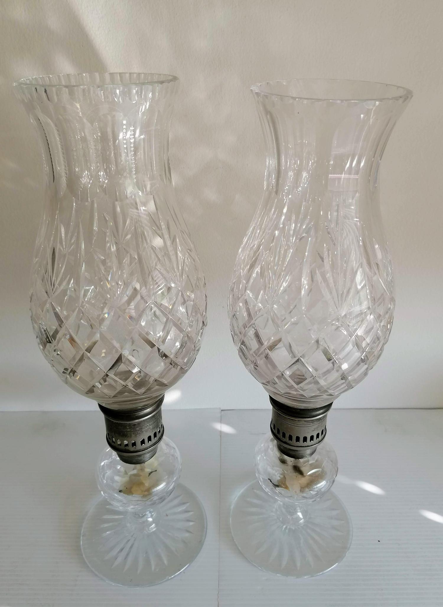 A pair of Thomas Webb tulip-shape diamond-cut crystal glass candle holders, each 41 cm H