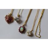 A selection of five 9ct yellow gold neck chains, four with pendants and four pairs of gem-set