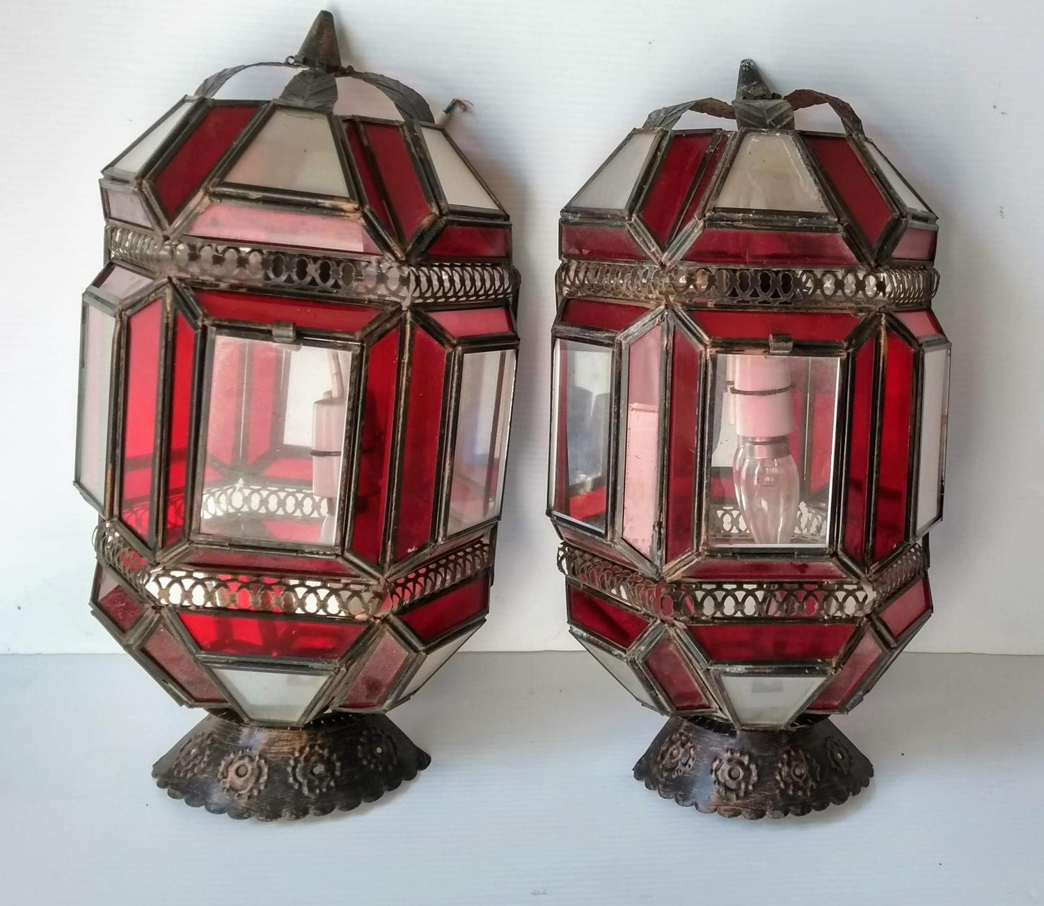 A vintage Moravian star pendant light shade with ruby glass panels, 30 cm diameter and a Moorish - Image 2 of 5