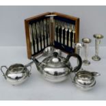 A selection of silver plate including a tea set, tray, tazza, flatware, etc