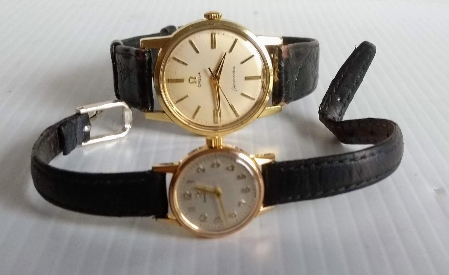 A gents Omega gold plated and steel-cased Seamaster wristwatch, signed champagne dial, 32mm, baton