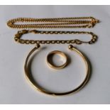 An Italian rose gold neck chain, 52 cm, a gold link bracelet, both with import marks; a gold wedding