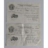 Two Bank of England White Five Pounds, L. K. O'Brien London May 3 1955, serial no. Z62 073385 and