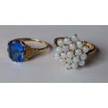 A 9ct gold opal cluster ring in a basket setting, size S 1/2, hallmarked and an Art Deco blue gem-