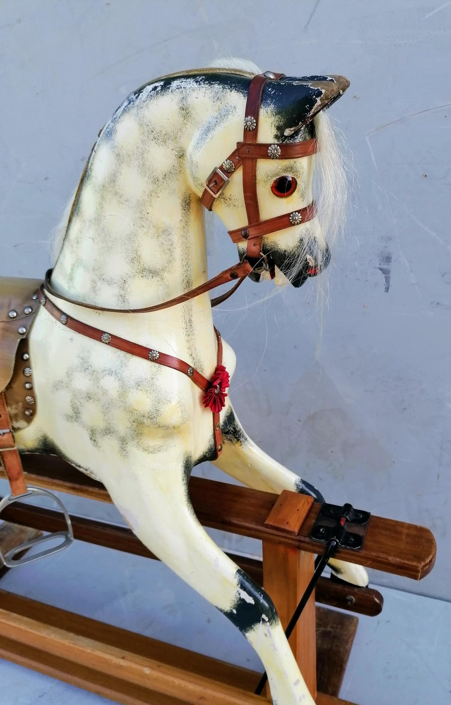 A child's wooden rocking horse painted in dappled grey with horse hair mane, tail, glass eyes, - Image 5 of 7