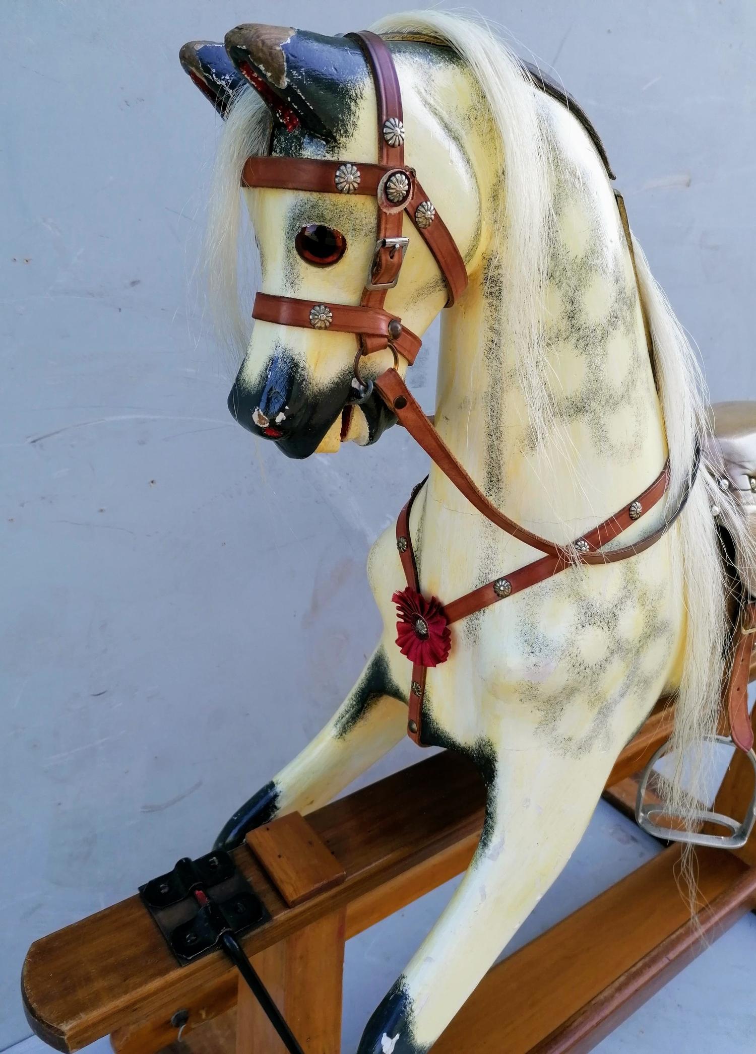 A child's wooden rocking horse painted in dappled grey with horse hair mane, tail, glass eyes, - Image 2 of 7