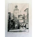 FRED RICHARDS (1887-1932) THE CLOCK TOWER, VIRE Normandy, etching, 16 x 11 cm and FALAISE, A