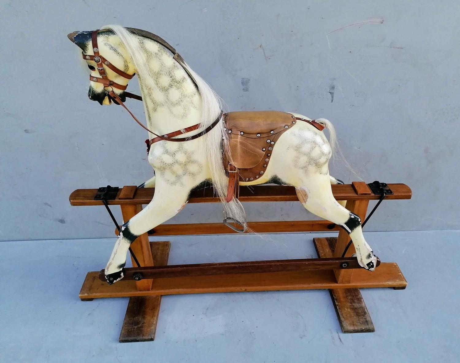 A child's wooden rocking horse painted in dappled grey with horse hair mane, tail, glass eyes, - Image 4 of 7