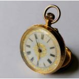 An Edwardian French 14K yellow gold stem-wind fob watch with white enamel dial 30mm, Roman numerals,