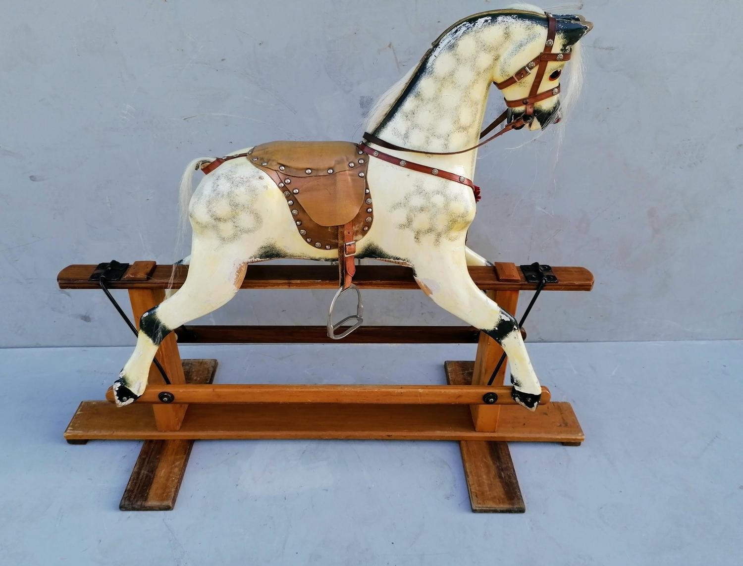 A child's wooden rocking horse painted in dappled grey with horse hair mane, tail, glass eyes, - Image 7 of 7