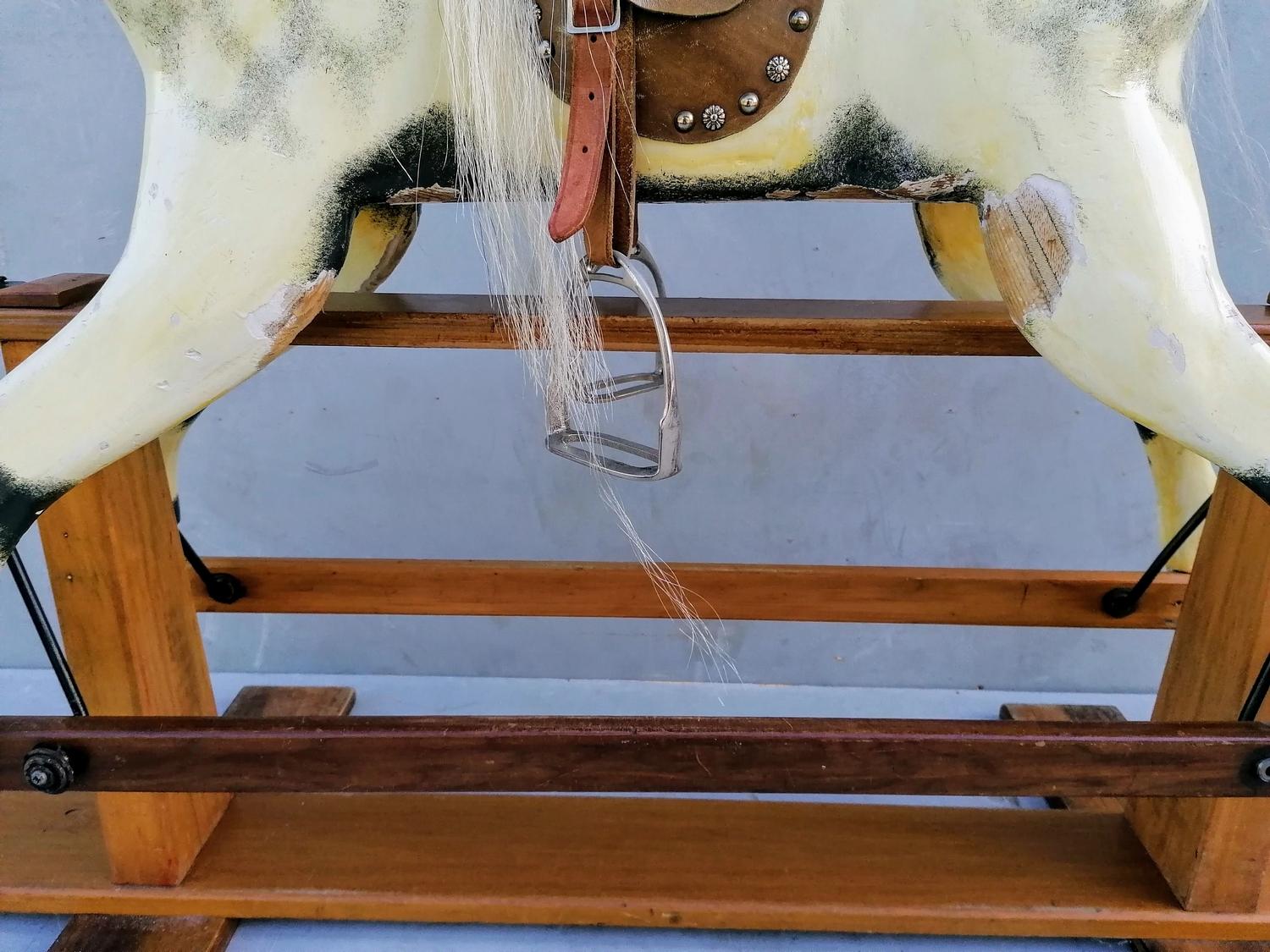 A child's wooden rocking horse painted in dappled grey with horse hair mane, tail, glass eyes, - Image 3 of 7