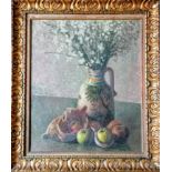 Richard Muny (?) FLOWERPIECE, oil on canvas, unsigned, bears label verso, 55 x 45 cm