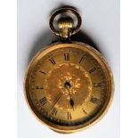 An Edwardian Swiss 15K gold-cased stem-wind fob watch, gilt dial with Roman numerals 35mm, 15K