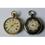 An Edwardian 14k gold-cased Swiss fob watch with white enamel face 33mm, blue Roman numerals,