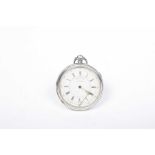 A silver open face pocket watch The circular white enamel dial with Roman numeral hour markers,