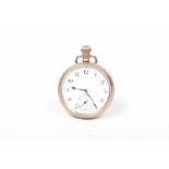 A gold plated open face pocket watch The circular white enamel dial with Roman numeral hour