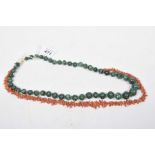 Two bead necklaces To include a malachite and green paste beaded necklace, together with a coral