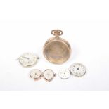 A selection of watch movements To include an Omega ladymatic watch movement, a pocket watch case and