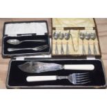 Three cases of cutlery To include a cased set of EPNS dessert fork and spoon, fish knife and fork (