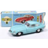 A boxed Spot-On no. 217 Jaguar Type E Pale blue, white interior, with black steering wheel and