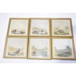 A group of six silk paintings The panels all depicting rural scenes, for example rabbits in field,