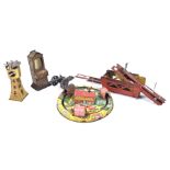 A quantity of tinplate items Comprising a clockwork train on circular track with tunnels, with