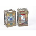 A matched pair of lead glass hanging lanterns, 20th Century The rectangular shaped lanterns with