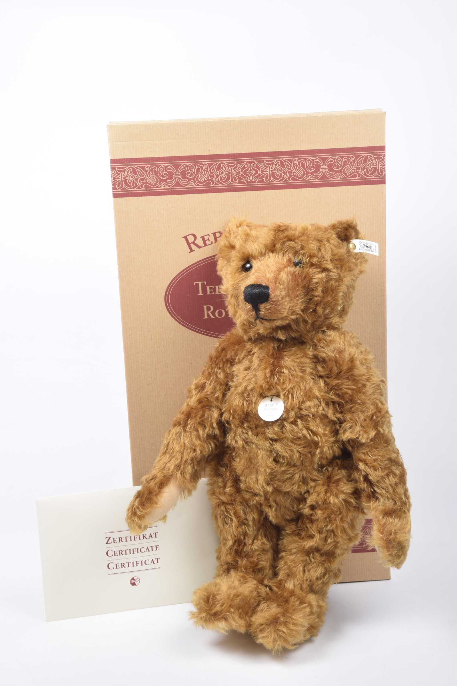 A boxed Steiff 1905 teddy bear Red/brown mohair 'Teddy Girl', white tag 404306 limited edition no.