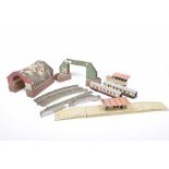 A quantity of Hornby Dublo accessories Including station, signal box, foot bridge, small amount of