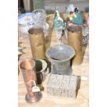 A mixed group of metal wares To include two Trench art vases, both examples from 1917, two