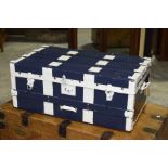 A painted vintage trunk The slatted trunk with painted metal embellishments and clasp locks, 77cm