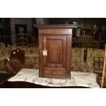 An 18th Century style oak hanging spice cupboard With a dentil cornice above a single panelled