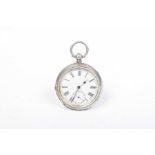A silver open face pocket watch The circular white enamel dial with Roman numeral hour markers and