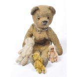 A golden brown plush teddy bear purse With glass eyes, pointed snout, articulated limbs, the purse