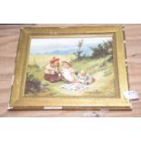 A picture of Scottish children Acrylic on board, unsigned, depicting children enjoying picnic.