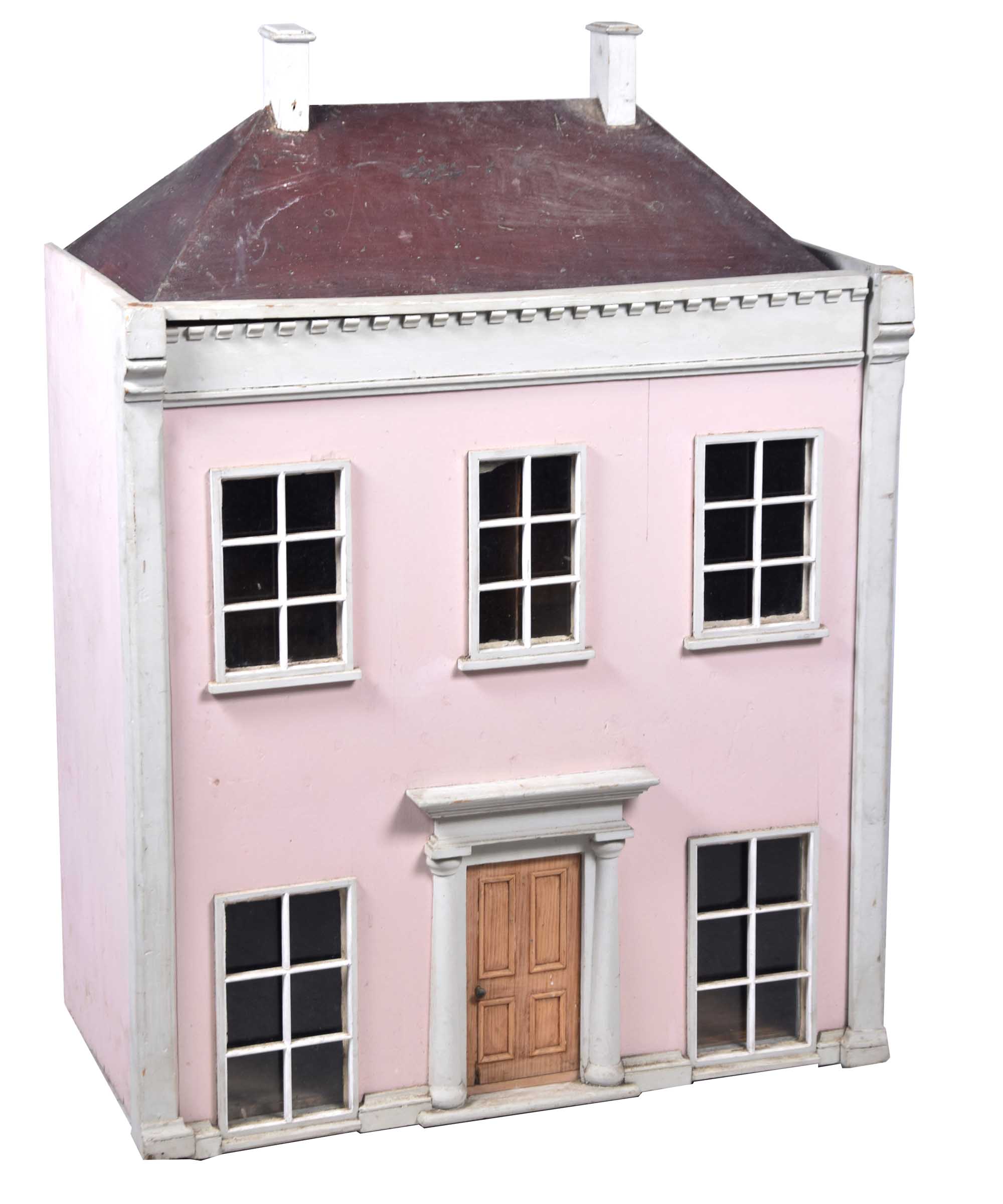 A 19th Century Georgian style two storey doll's house With Georgian style windows to front and
