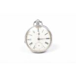 An open face pocket watch The circular white enamel dial with Roman numeral hour markers and