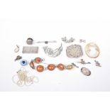 A selection of jewellery To include an amber bracelet, seed pearl necklace, brooches, etc.