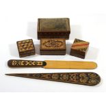 Six pieces of 19th Century Tunbridge ware To include three lidded stamp boxes, pin cushion box and